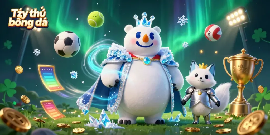 Engage with Tỷ lệ bóng đá showing a polar bear king and fox in dynamic sports betting illustration.