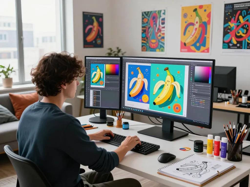A digital art studio featuring an artist using nano banana ai technology on touchscreens to create vibrant AI-generated artwork.