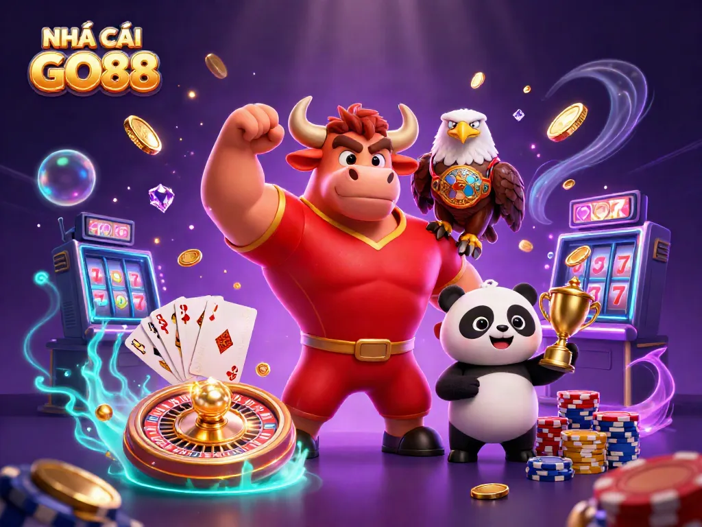 Experience the excitement of NHÀ CÁI GO88 with our vibrant casino illustration featuring key characters and thrilling elements.