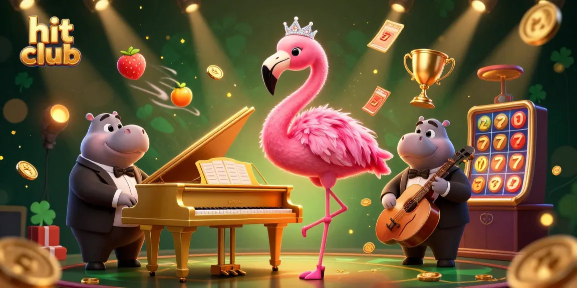 Hit club lounge featuring flamingo singer and hippo bassist with dynamic casino elements.