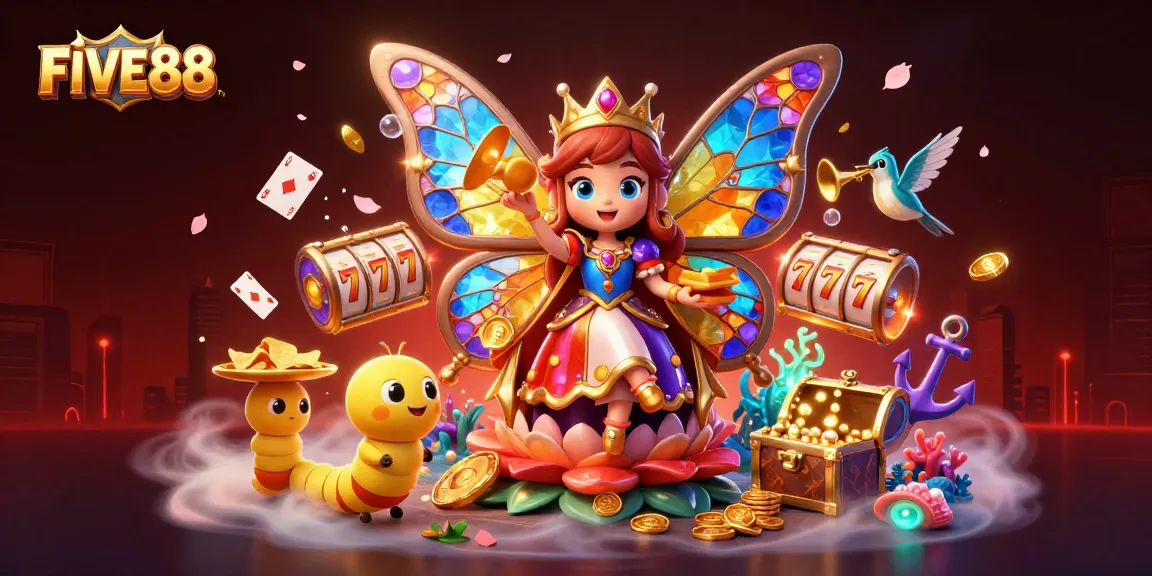 FIVE88 Casino's vibrant scene showcasing a butterfly queen and gaming elements like slot reels and playing cards.