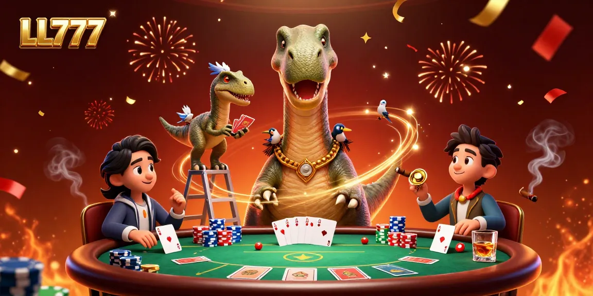 Experience LL777 with a thrilling poker showdown featuring a brontosaurus and raptor dealer.