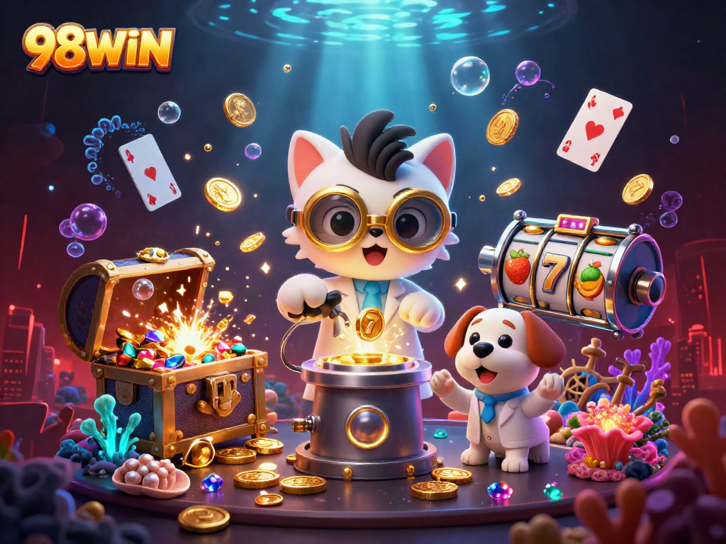 Experience thrilling gaming excitement with 98WIN as cartoon characters create treasures in a vibrant casino scene.
