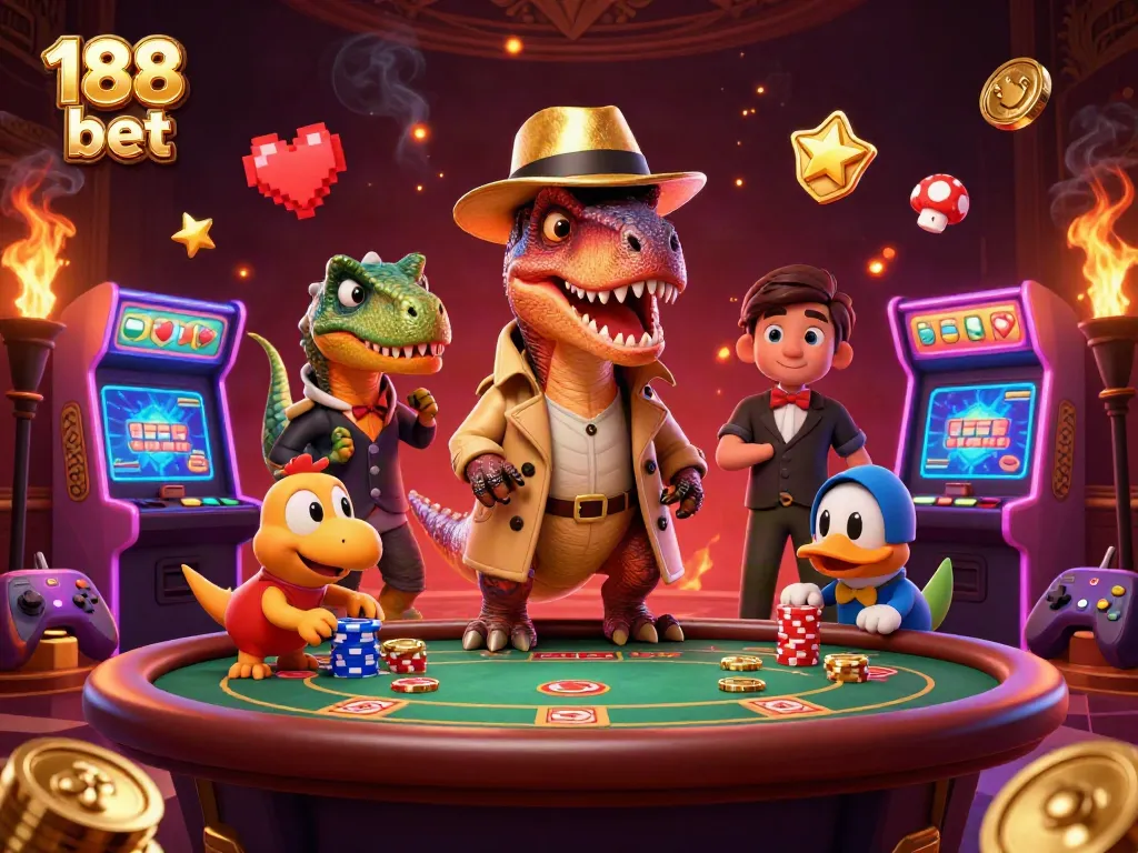Experience the excitement of 188 bet with animated characters at a vibrant casino setting.