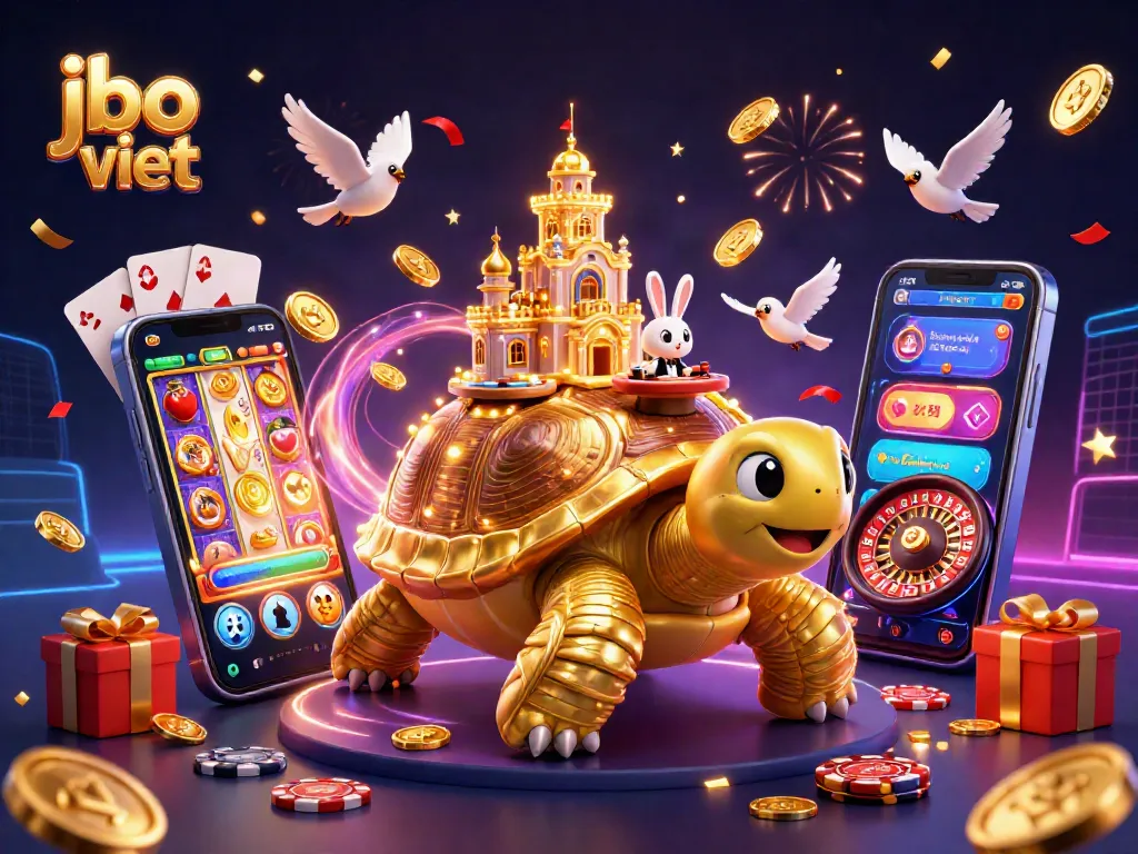 Engage with jbo viet by winning at the lively casino scene featuring a golden tortoise and dynamic gaming elements.