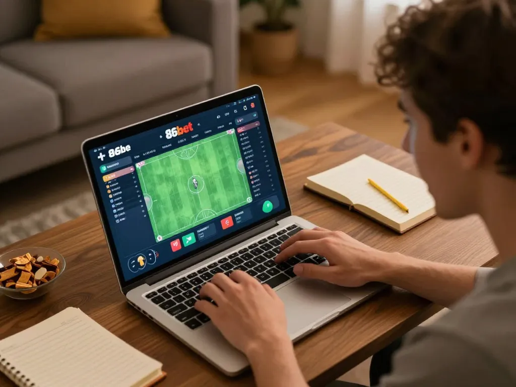 Person using 86bet sports app on laptop, engaging in online betting in a cozy setting.