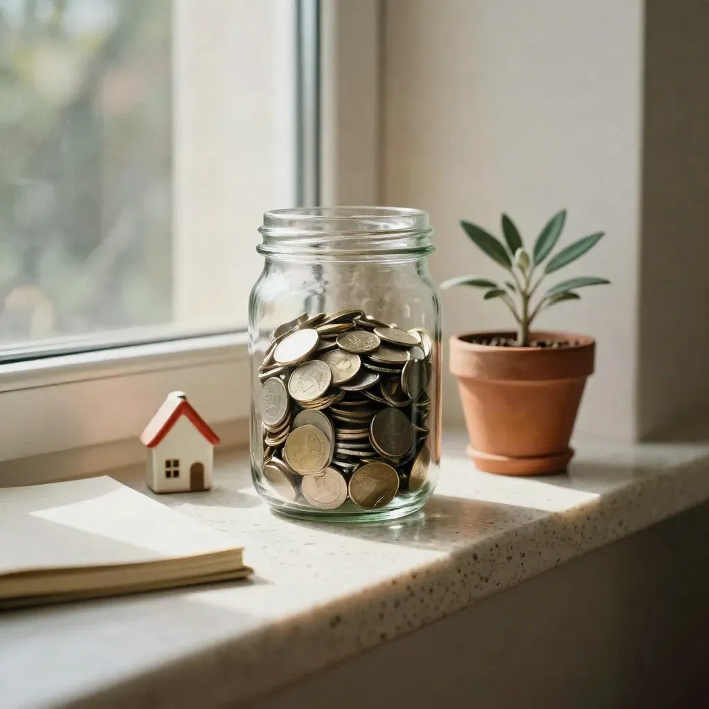 Savings jar with coins, house token, notebook and plant pot on a travertine windowsill.