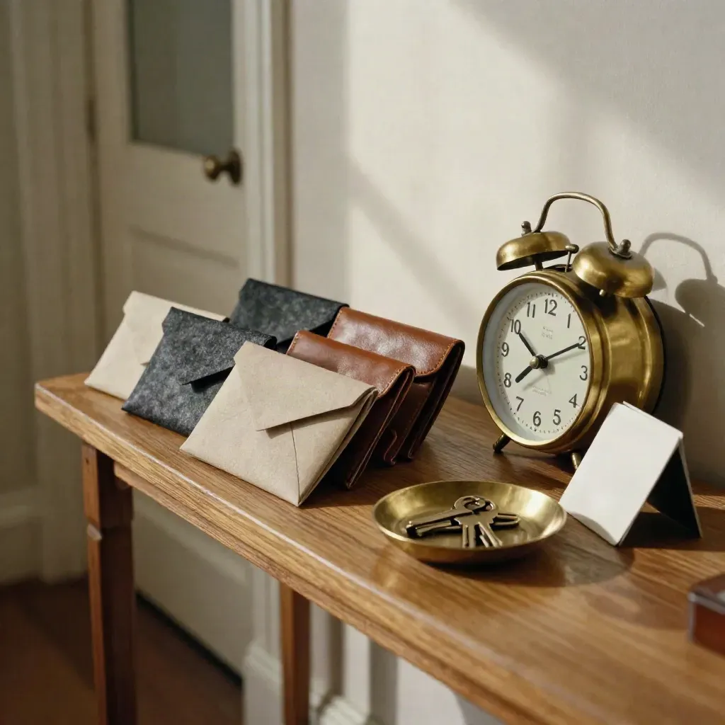 Hallway bill-sorting station with envelope wallets, brass clock, keys and an overturned card sleeve.
