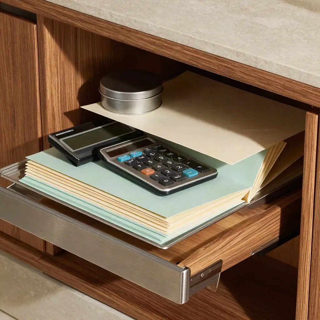 Cashflow tracking kit with trays, calculator, tin, and folders on a walnut shelf.