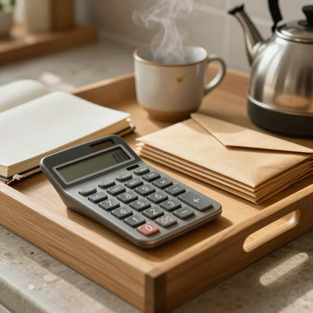 Calculator, budget envelopes, notebook, mug and tray by a kettle in a warm kitchen corner.