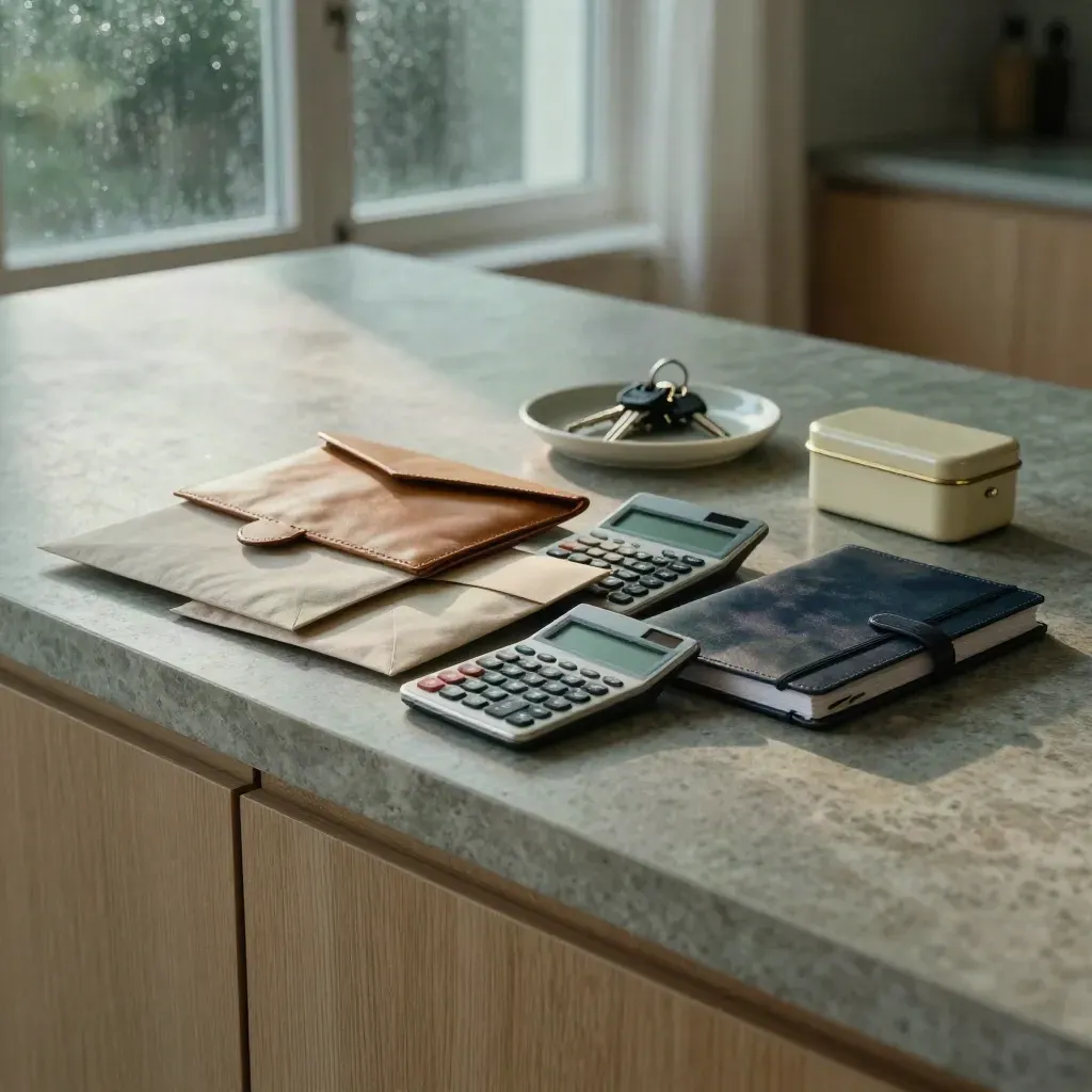 Kitchen island budgeting setup with wallets, calculator, ledger binder, keys and savings tin in morning light