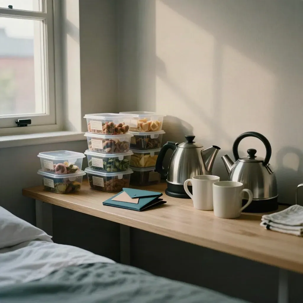 Student room setup with meal containers, cash wallet, bus pass case and kettle corner.