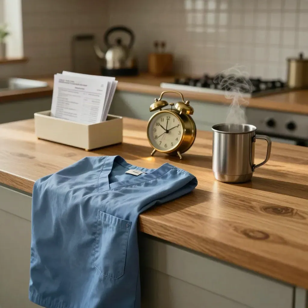 Quiet kitchen counter with folded scrubs, alarm clock, bill mail and a steaming travel mug in warm morning light.
