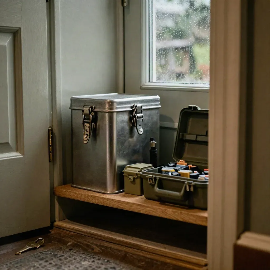 Emergency fund shelf with tin, torch, batteries and toolkit by a front door in moody light
