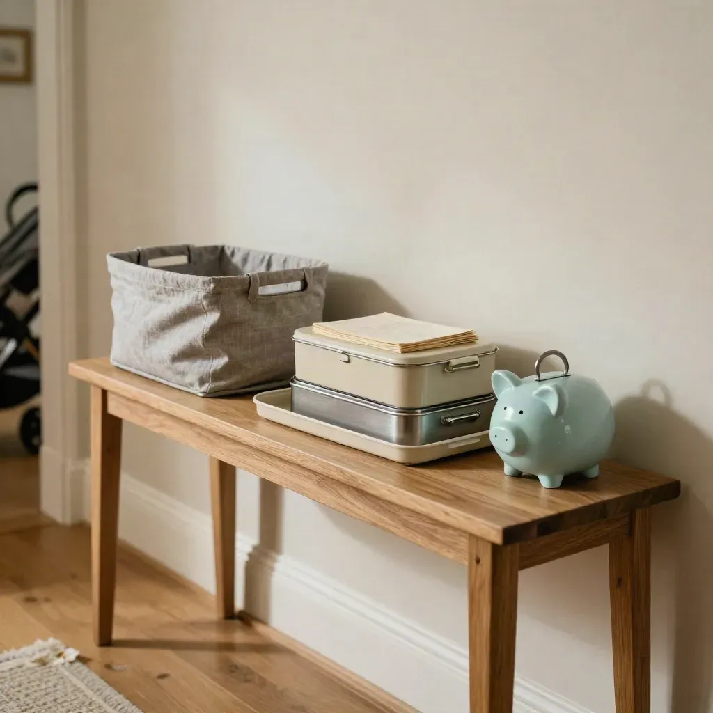 Oak hallway console with bill tray, nappy stack, lunch boxes, mint savings tin, blurred pram.