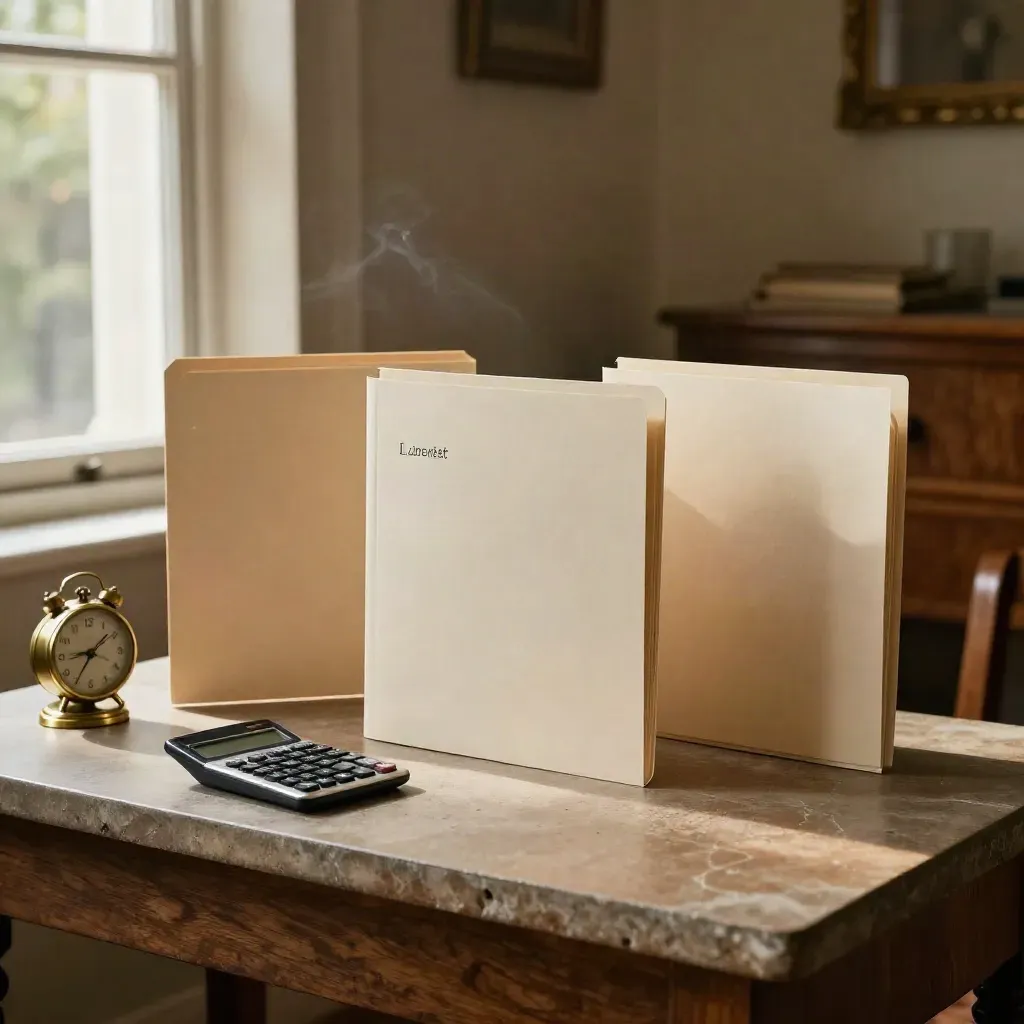 Face-down loan folders, calculator, and brass clock on a stone sideboard in warm afternoon light