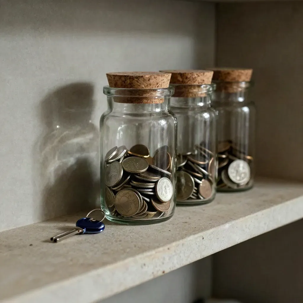 Three glass savings jars with cork lids on a stone shelf, with a key ring and soft directional light.