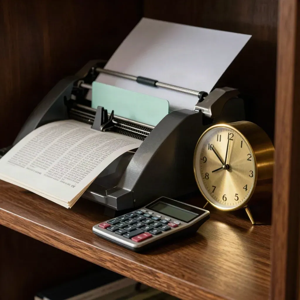 Bill sorter, calculator and brass clock in a dark workspace nook with dramatic side light.