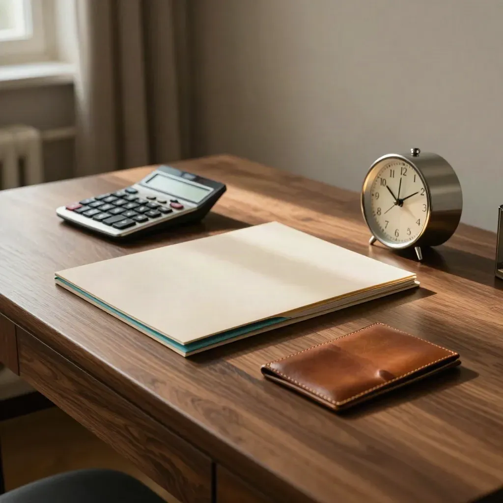 Low-angle loan-choice table with folder, calculator, clock and card sleeve in a quiet home interior.