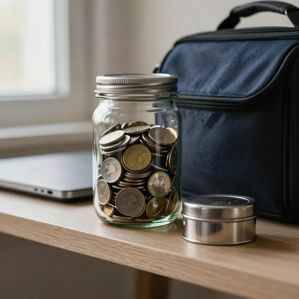 Emergency savings jar beside a closed laptop, camera bag and receipt tin on a home shelf.