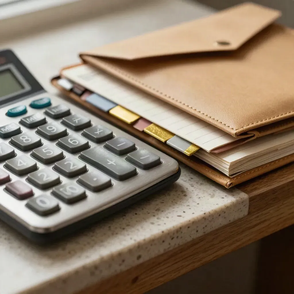 Metal calculator with budget binders and envelope wallets on a walnut shelf, seen in extreme macro.