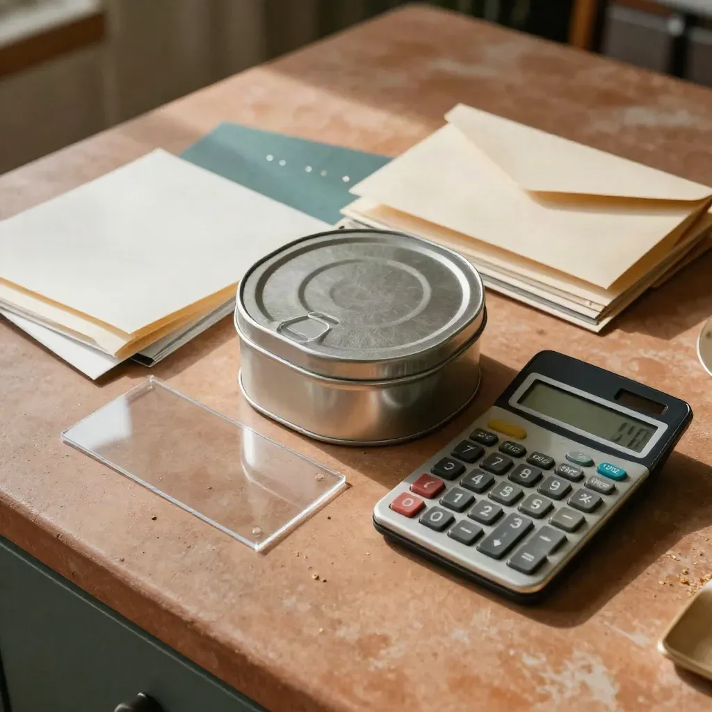 Top-down cashflow tools on a terracotta worktable with a central sealed tin and calculator.