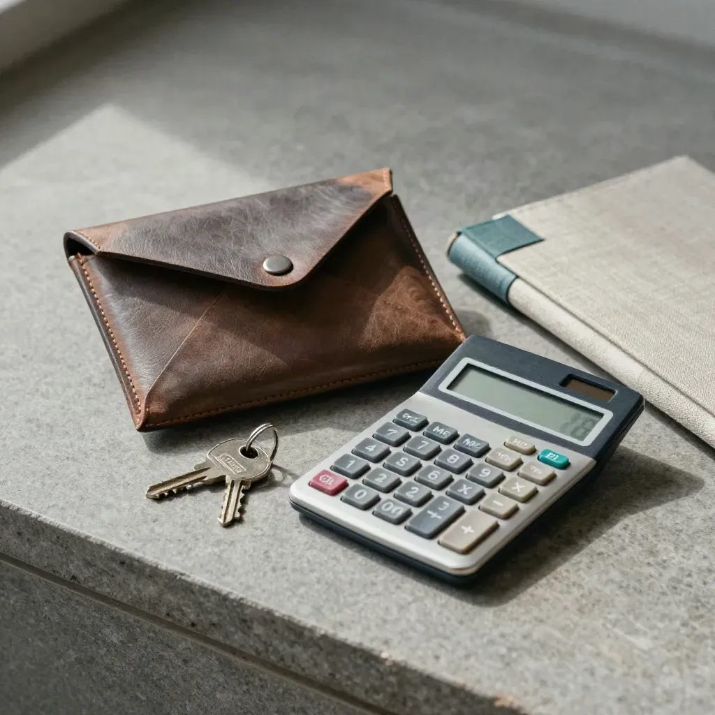 Stone flatlay of calculator, keys, wallet and ledger binder with soft teal accent.