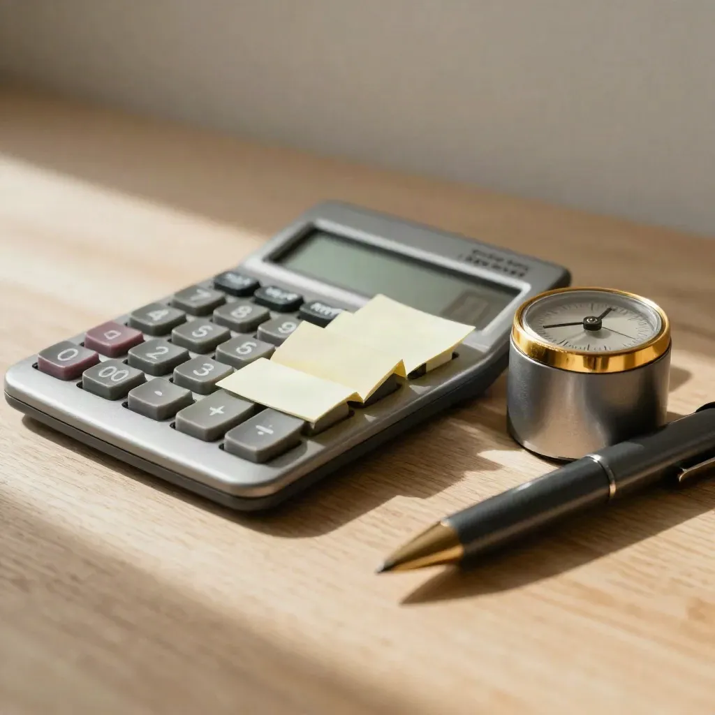 Calculator, timer, sticky tabs and pen cap on pale wood in a weekly finance still life.