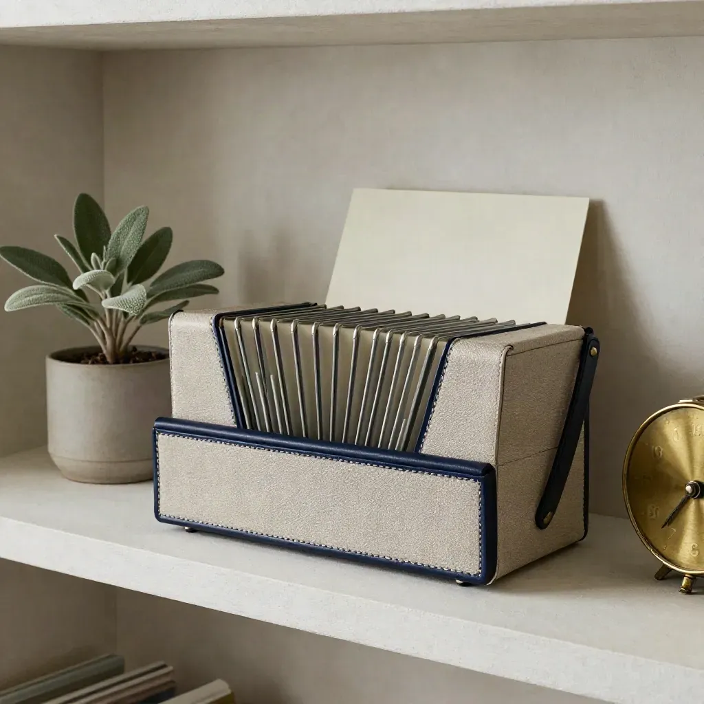 Accordion envelope organiser, brass clock, and small plant on a pale shelf.