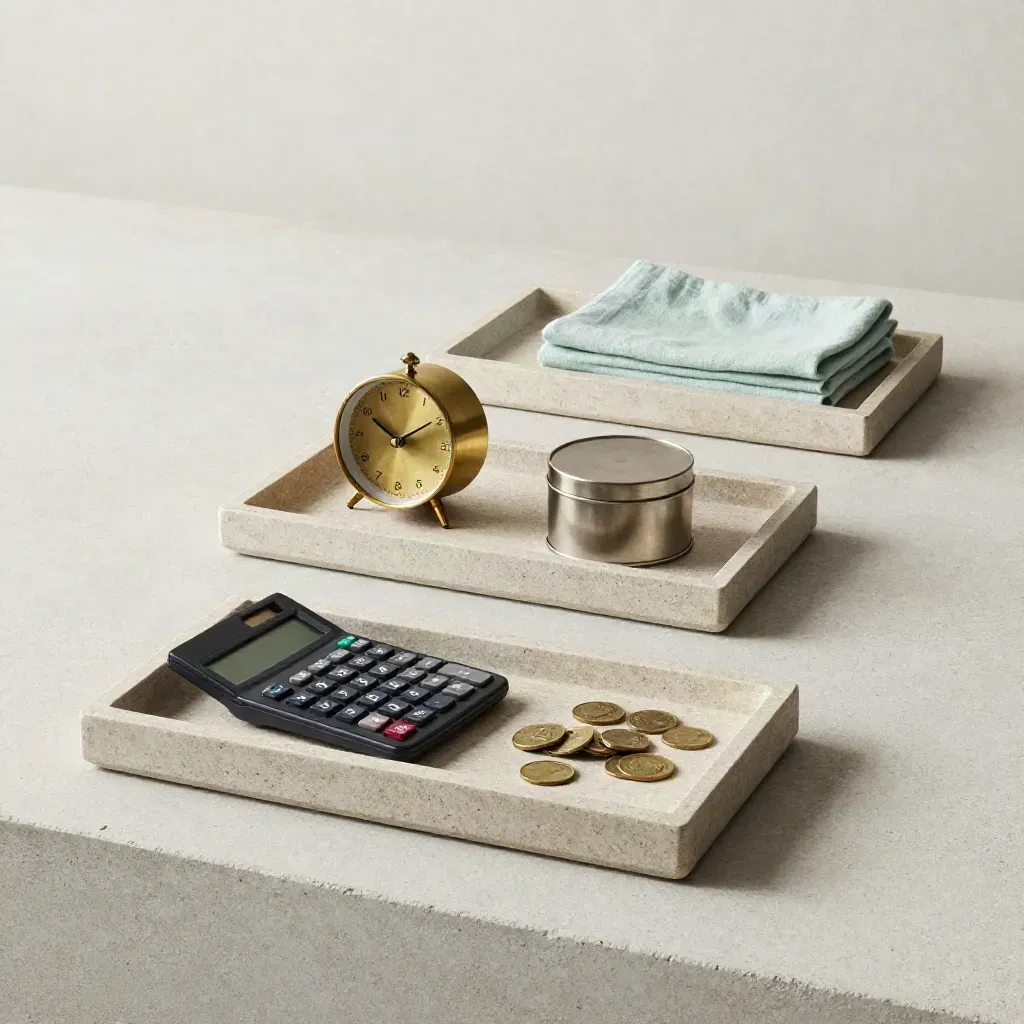 Three stone trays with calculator, brass clock, coins, cash tin and mint linen on a pale slab.