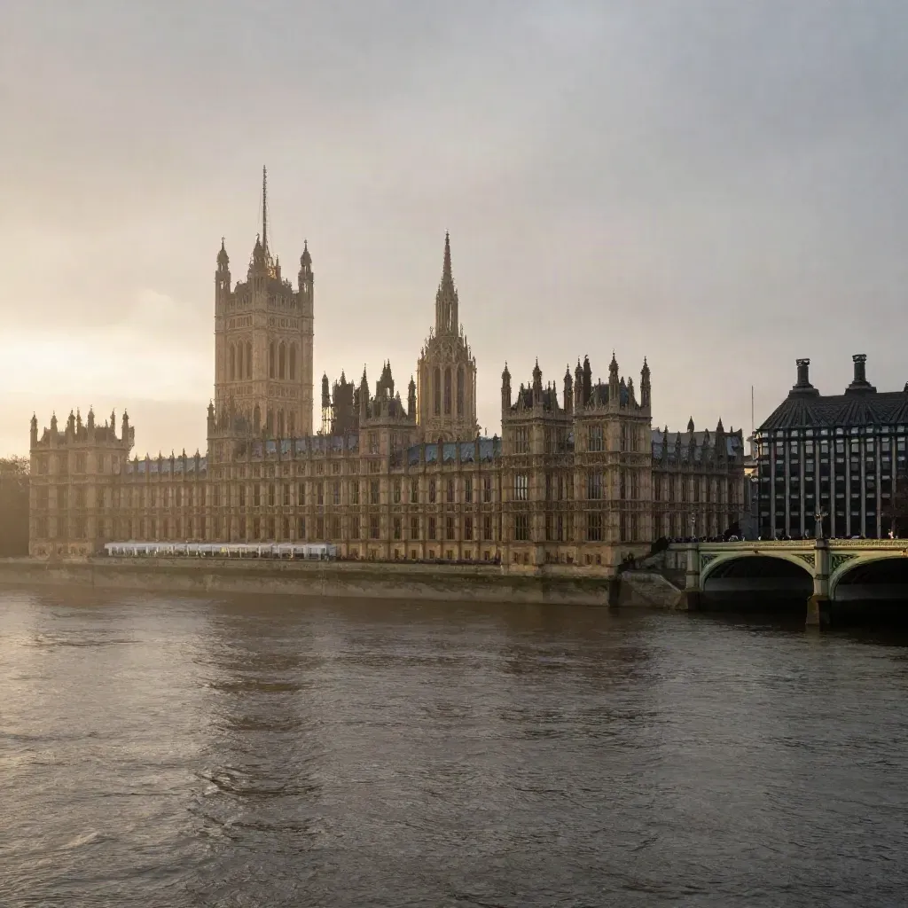 Westminster and the Thames glowing after rain, with misty water and open calm space below.