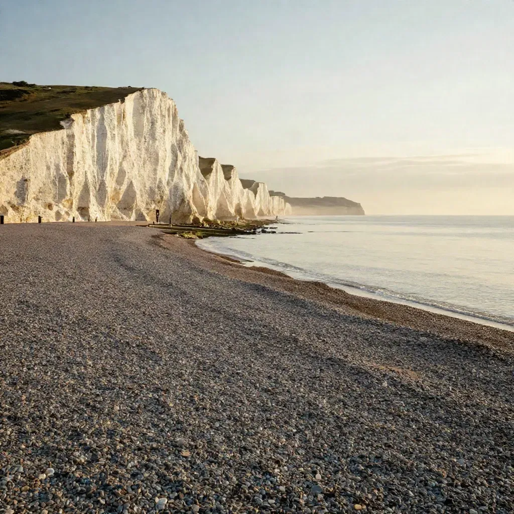 Brighton chalk cliffs above a calm shingle beach at golden hour