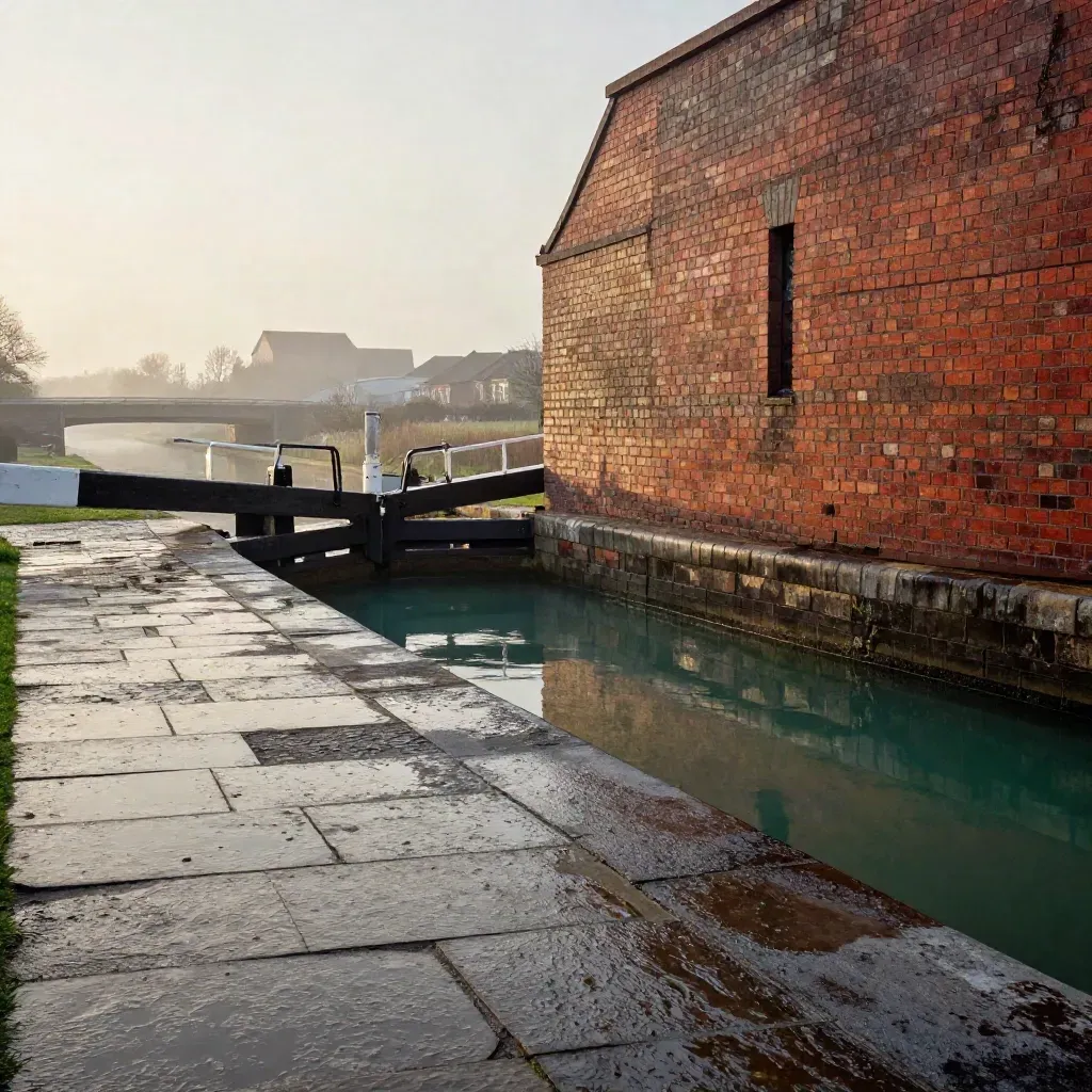 Rain-dark West Midlands canal edge with red brick, misty skyline and polished stone foreground.
