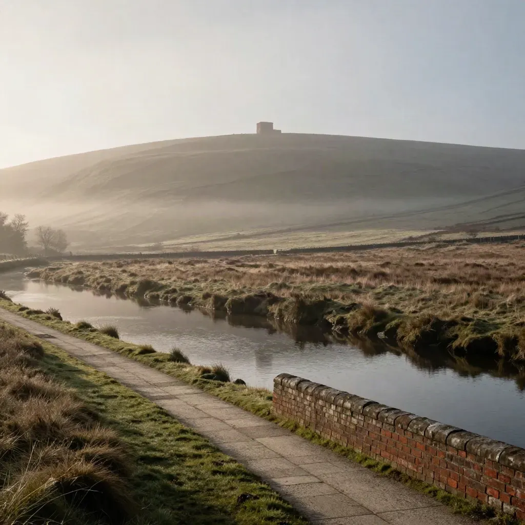 Misty Pennine ridge above a quiet canal valley with red-brick edges and open water.