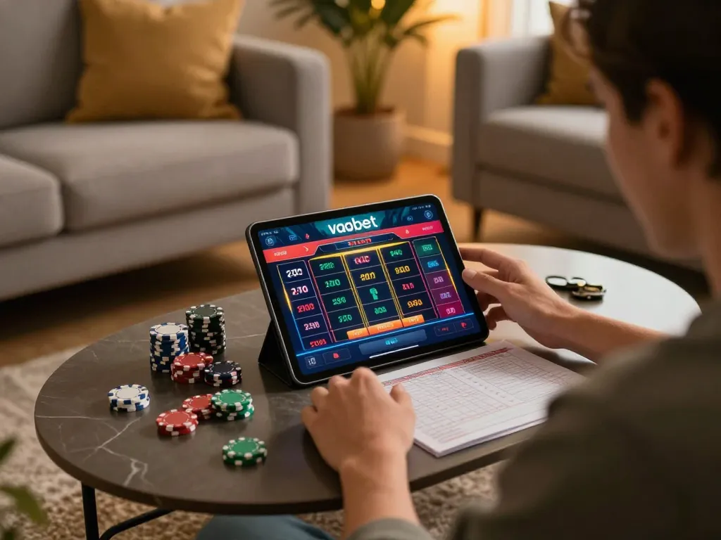 Engaging with vaobet online gambling platform on tablet during cozy home session