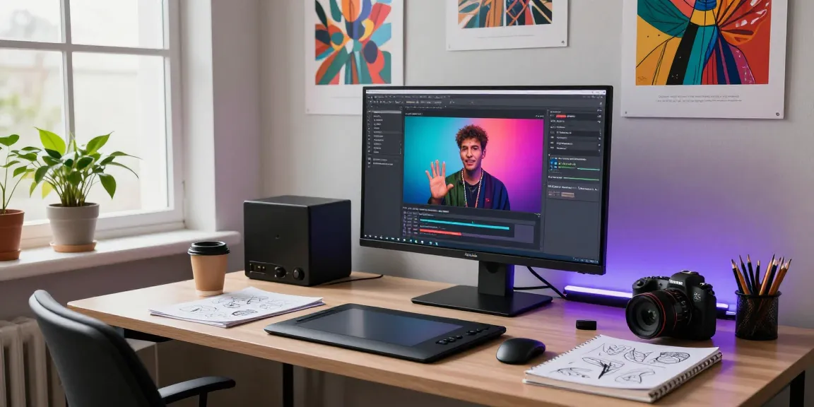 Digital artist using video to prompt tool in a creative workspace, generating vibrant AI prompts for video projects.