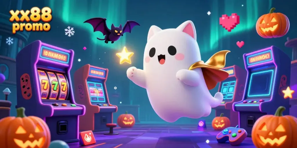 Experience the xx88 promo excitement with a playful ghost cat and vampire bat in a haunted casino.