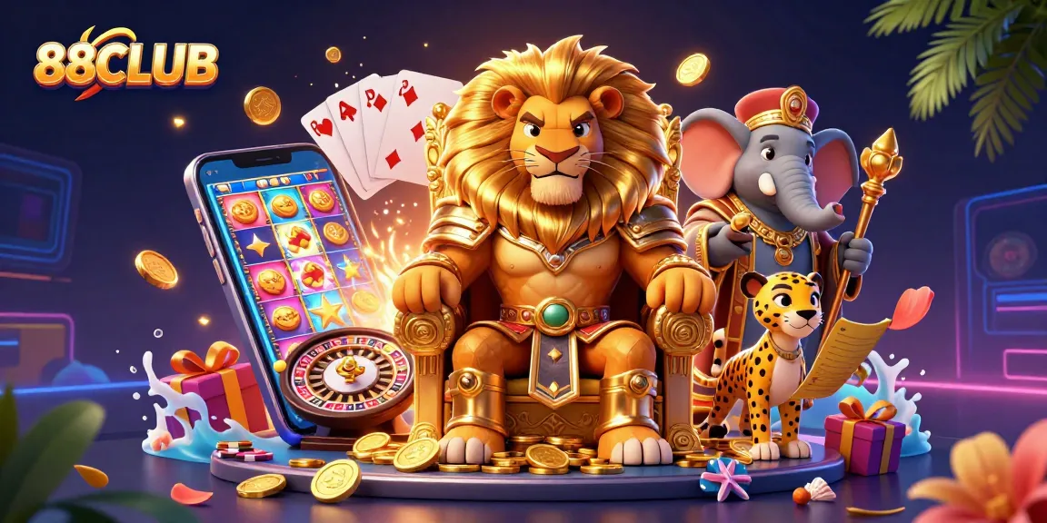 Experience thrilling games and vibrant excitement at 88CLUB in a dynamic casino illustration.