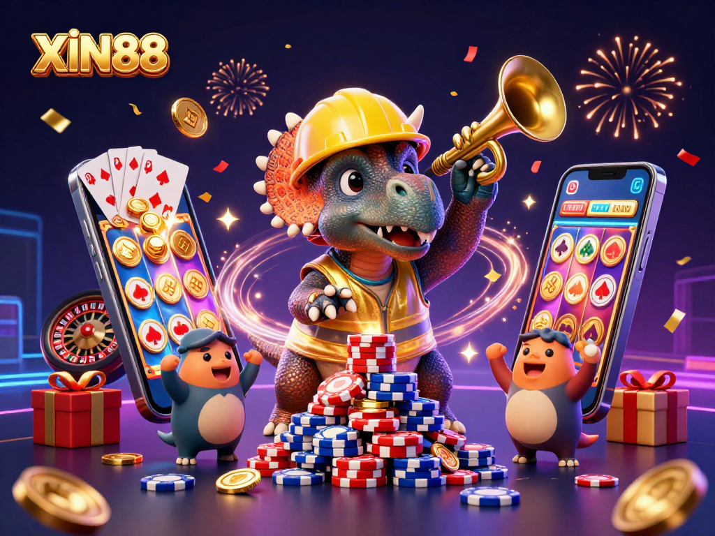 XIN88 thrills with a dynamic scene of gaming excitement featuring vibrant visuals of casino elements.
