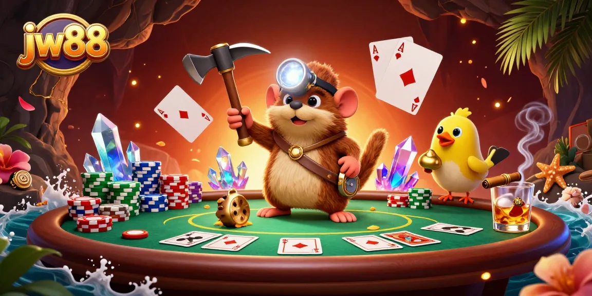 Engage in thrilling poker action at jw88 with a treasure hunter mole and vibrant game elements.