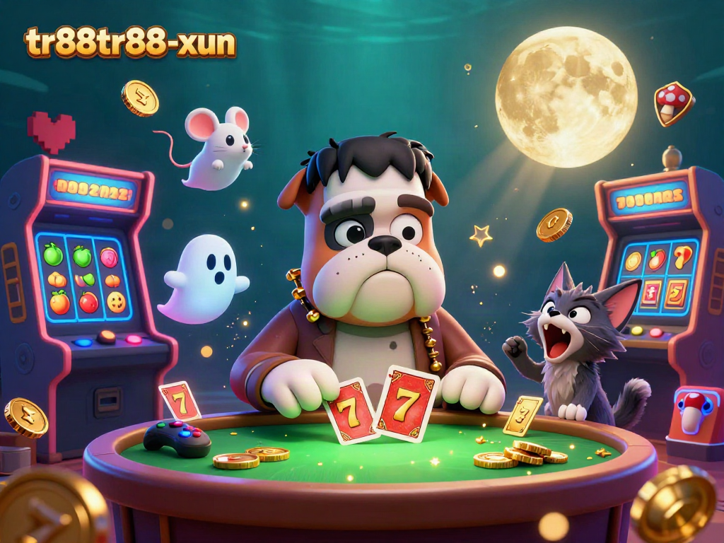 Experience thrilling gameplay at tr88tr88-xun with a lively 3D casino scene featuring a Frankenstein bulldog dealer.