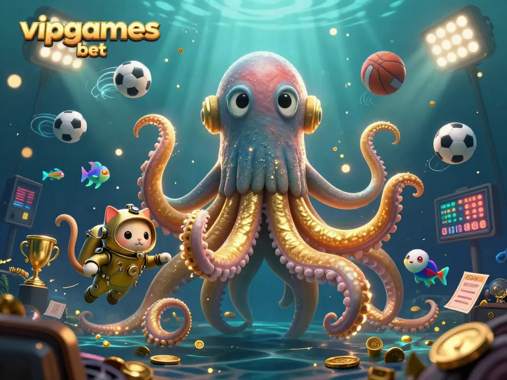 Experience the excitement of vipgames bet with a dynamic scene featuring a kraken, diving cat, and sports elements.