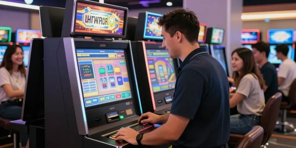 Local service technician working on a slot gacor machine, providing trusted service in a professional environment.