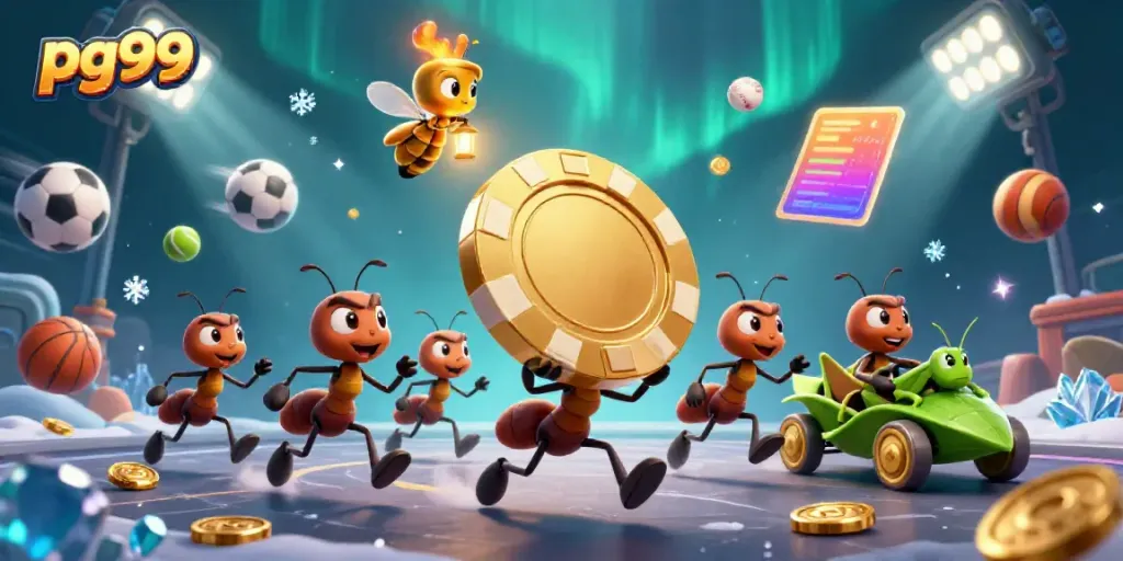 Cute ants in a tunnel heist carrying a giant poker chip for pg99 amidst flying sports elements.