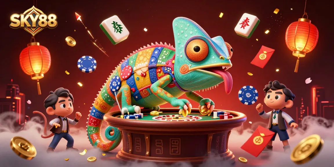 Engage with SKY88's vibrant casino world, featuring a chameleon owner amidst exciting gaming elements.