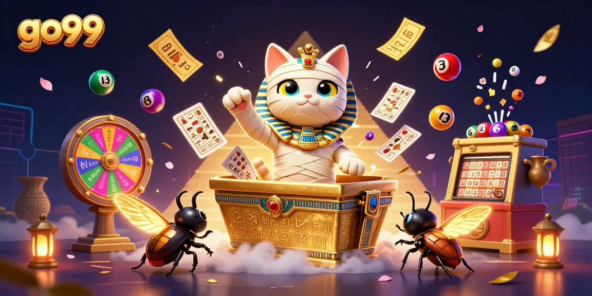Experience the thrills of go99 with the mummy cat and glowing games in a vibrant casino scene.
