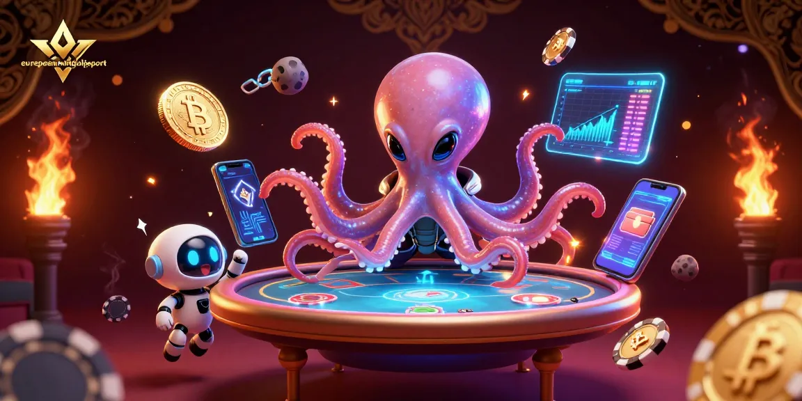 Engage in fun games at europeanminigolfsport with vibrant octopus and robot characters amid cosmic casino elements.