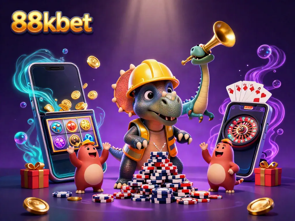 Engage with 88kbet's vibrant gaming scene featuring animated dinosaurs celebrating casino games.