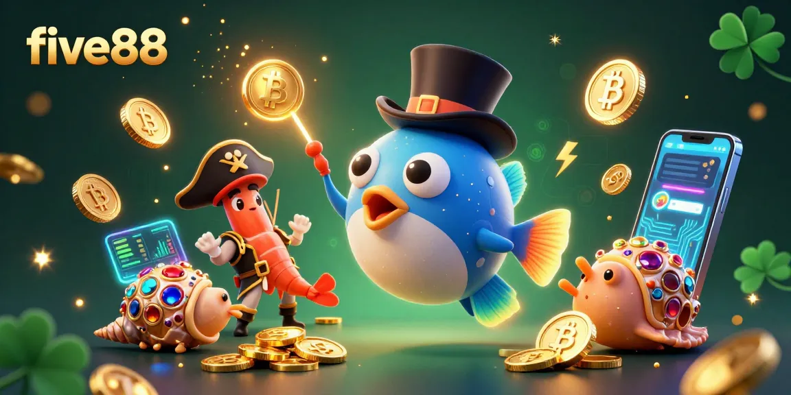 Experience the thrill of winning at five88 with vibrant 3D casino characters surrounded by glowing coins and crypto elements.