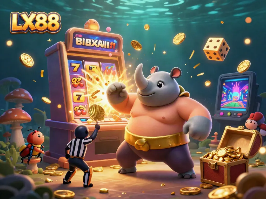 Experience the excitement of LX88 as a rhinoceros beetle champion triumphs, showering gold coins amidst dynamic casino visuals.